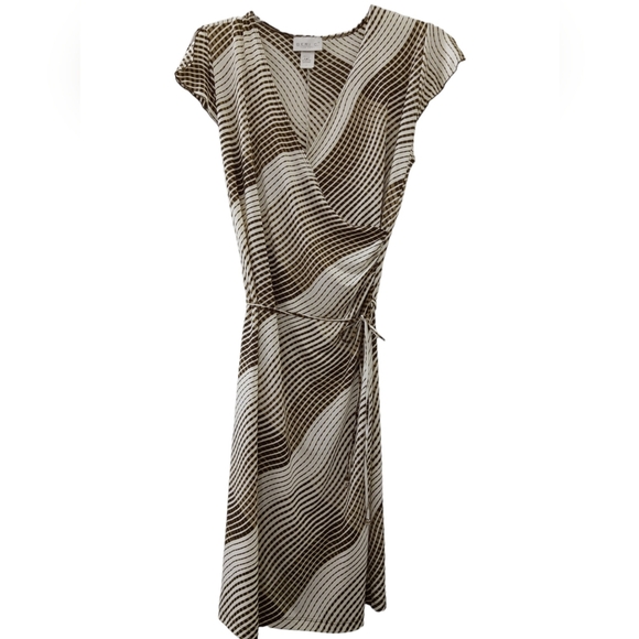 Vintage Dresses & Skirts - Geri C. New York Striped Faux Wrap Dress Brown Cream VTG 90s M/L